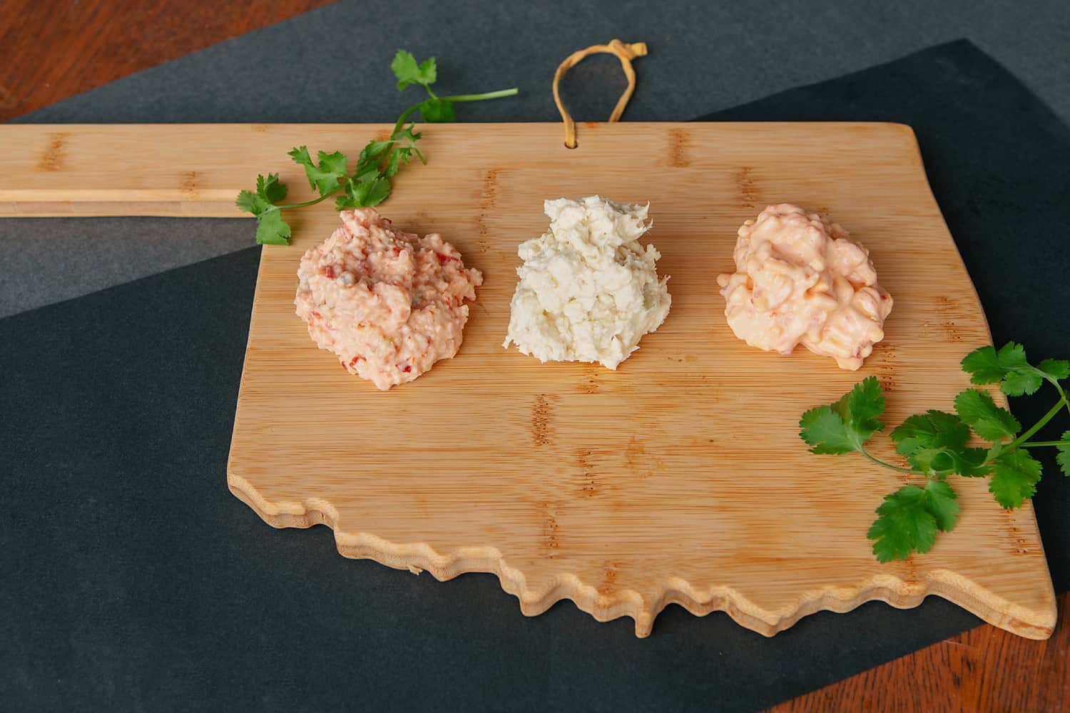 Oklahoma shaped serving board with 3 dips